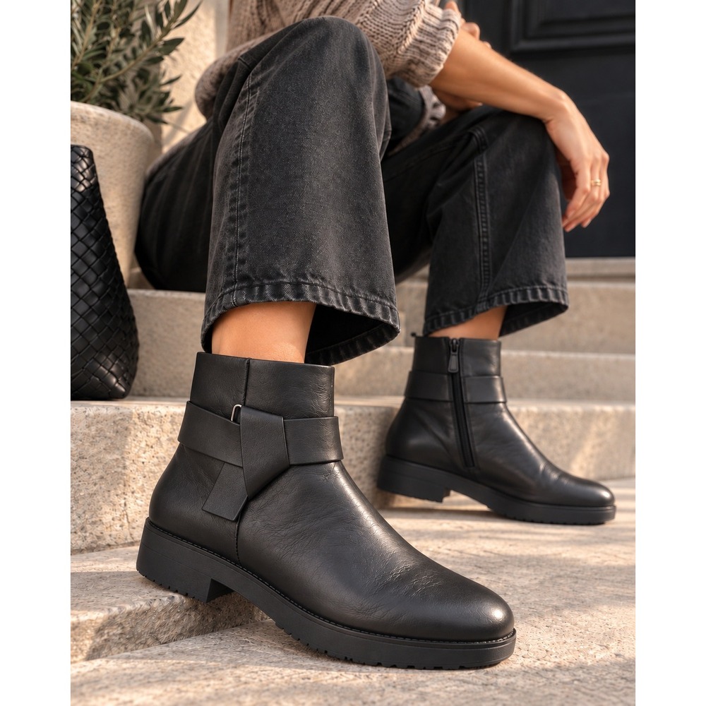 FitFlop Knot Black Leather Ankle Boots Side Zip Comfort Low Heel 10